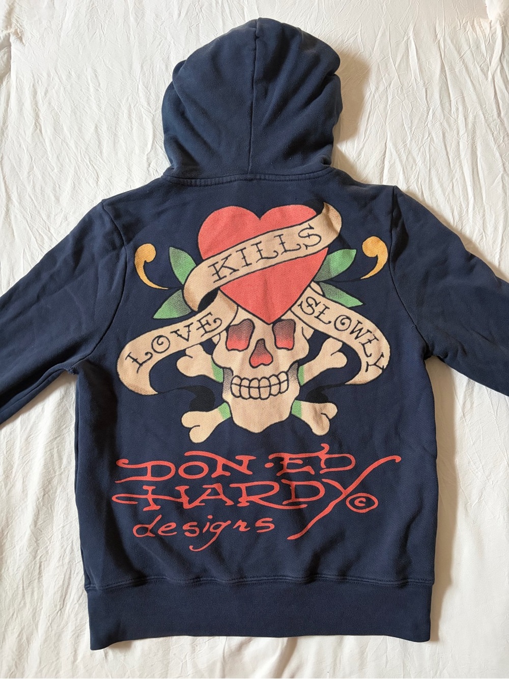 Vintage Ed Hardy Navy Hoodie with Red Heart & Skull Back Graphic